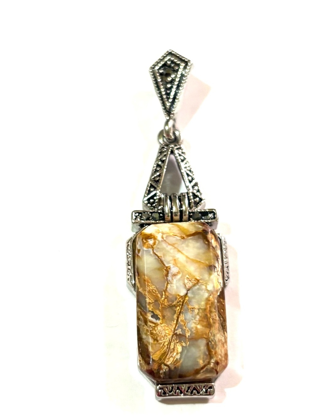 Vintage Silver Marcasite Pendant with Cream & Gold Jasper